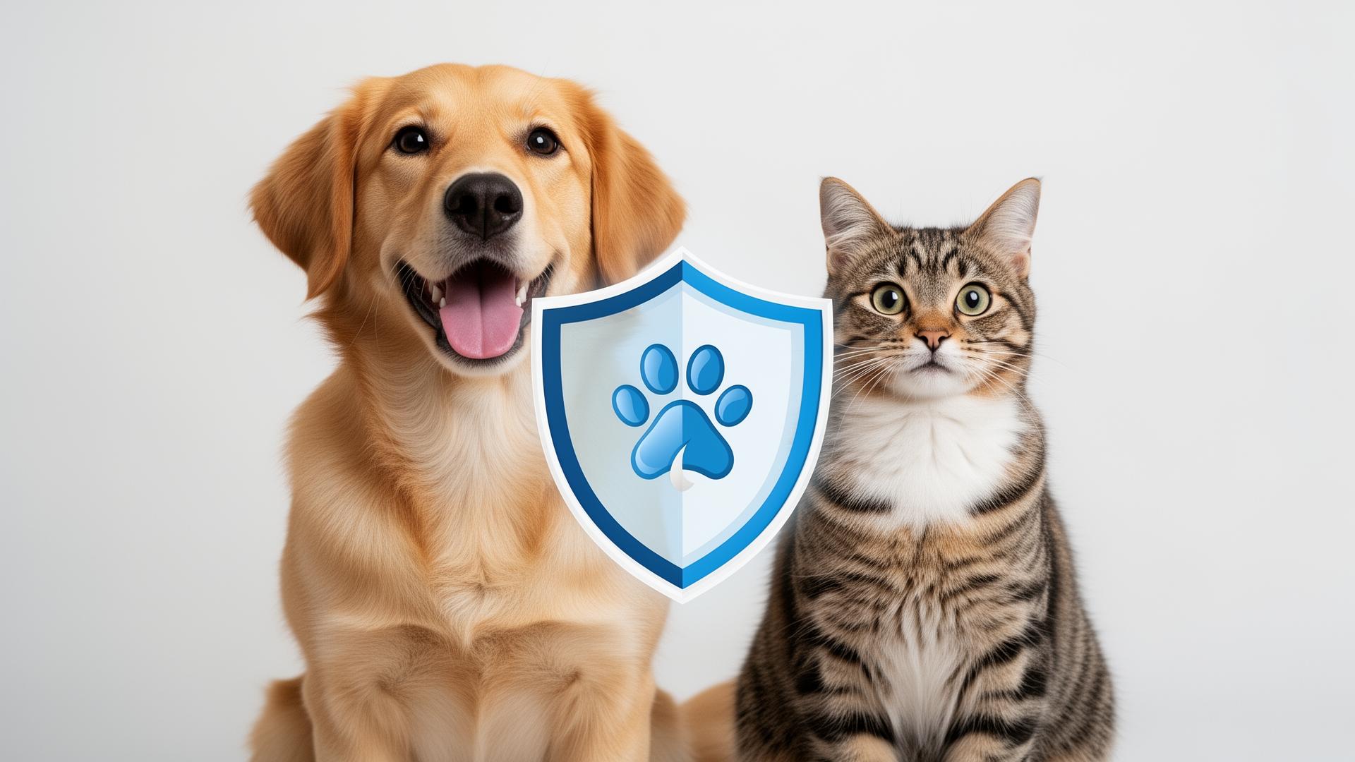Happy dog and cat with protective shield icon representing pet insurance coverage